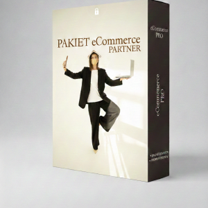 Opakowanie produktu z napisem Pakiet eCommerce Partner przedstawiające kobietę w garniturze trzymającą laptop i telefon