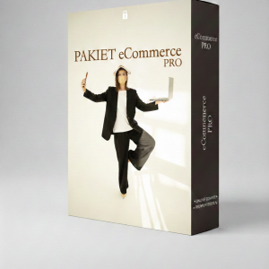 Pudełko produktu z napisem eCommerce PRO przedstawiające kobietę w garniturze trzymającą laptopa i telefon